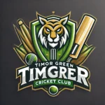Timor Green Cricket Club logo featuring a black shield with gold and white accents, a fierce tiger or eagle, and cricket bat and ball elements.