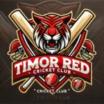 Timor Red Cricket Club logo featuring a black shield with gold and white accents, a fierce tiger or eagle, and cricket bat and ball elements.