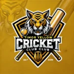 Timor Yellow Cricket Club logo featuring a black shield with gold and white accents, a fierce tiger or eagle, and cricket bat and ball elements.