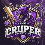 Timor Purple Cricket Club logo featuring a black shield with gold and white accents, a fierce tiger or eagle, and cricket bat and ball elements.