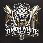 Timor White Cricket Club logo featuring a black shield with gold and white accents, a fierce tiger or eagle, and cricket bat and ball elements.