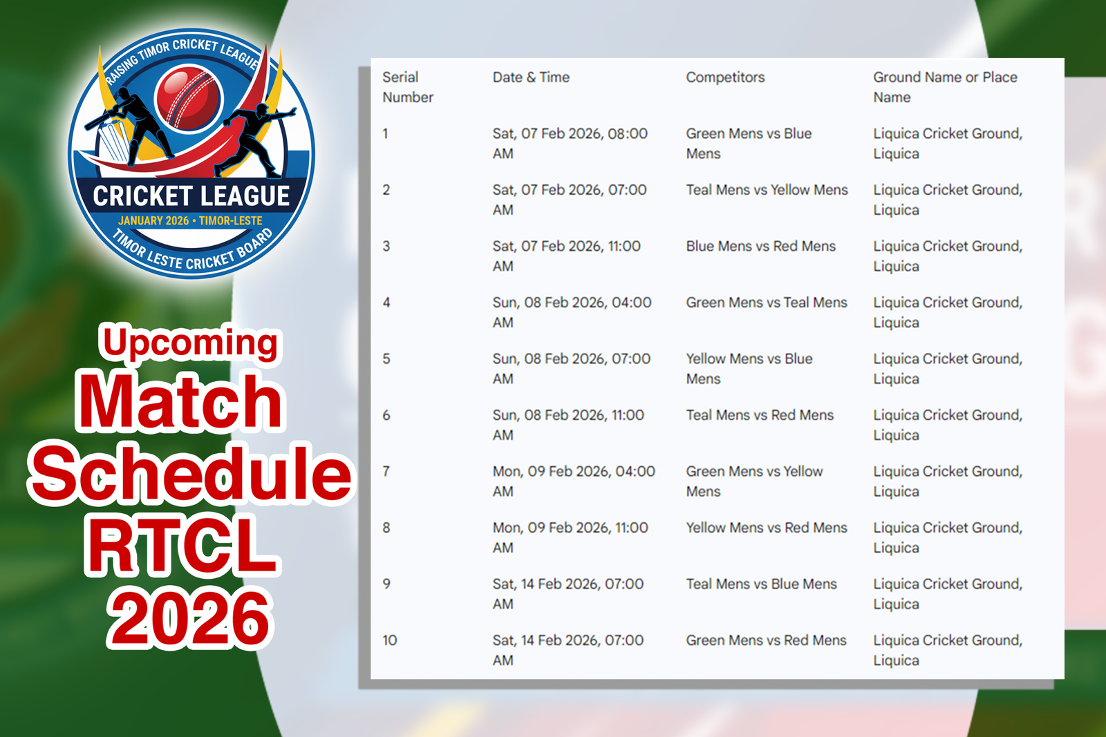 upcoming matches schedule RTLC 14 Feb 2026